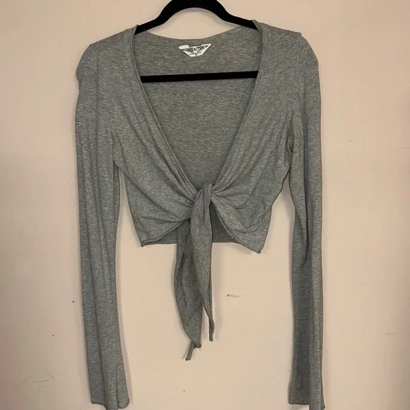 Hard Tail Gray Tie-Front Crop Blouse - Picture 1 of 5